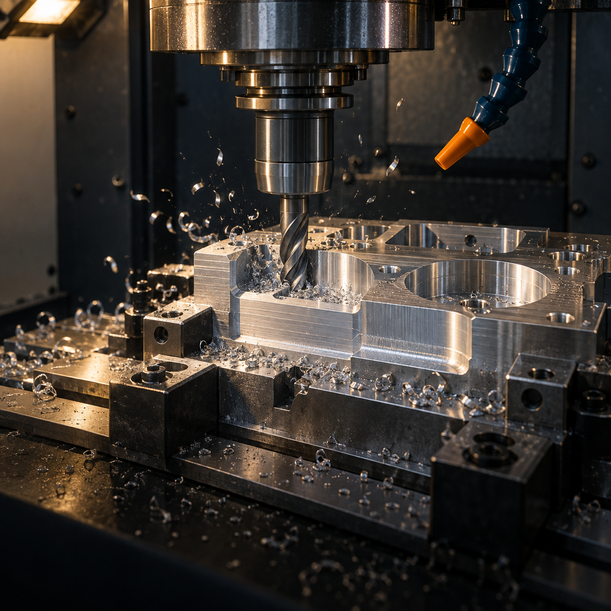 Illustration of a CNC milling machine cutting a precision aluminum component